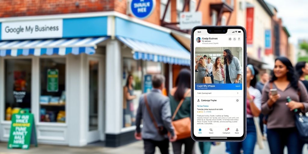 Local business scene with storefront and smartphone display.