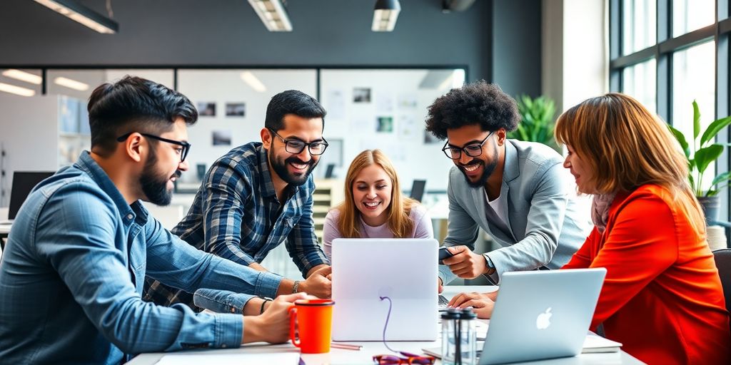 Diverse team collaborating in a modern digital workspace.