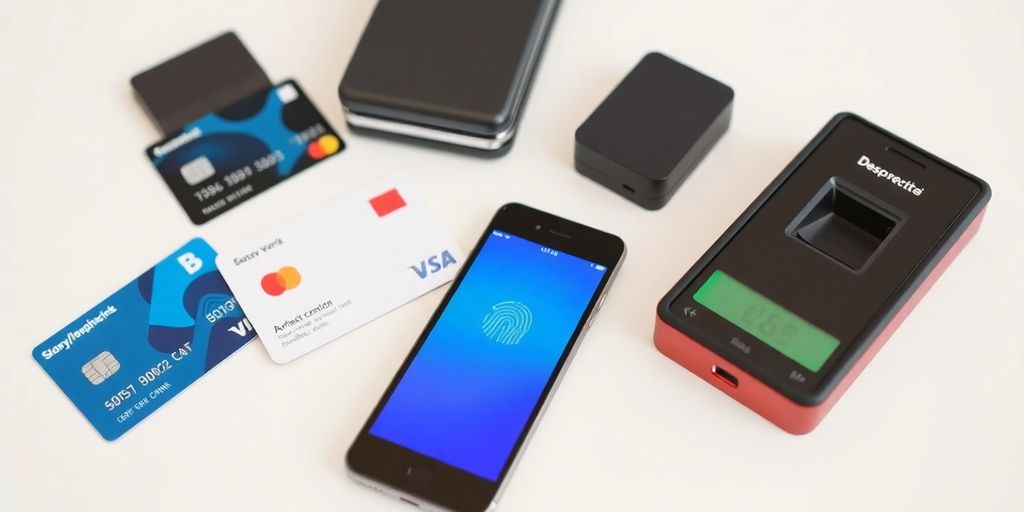 Various secure payment methods laid out on a surface.