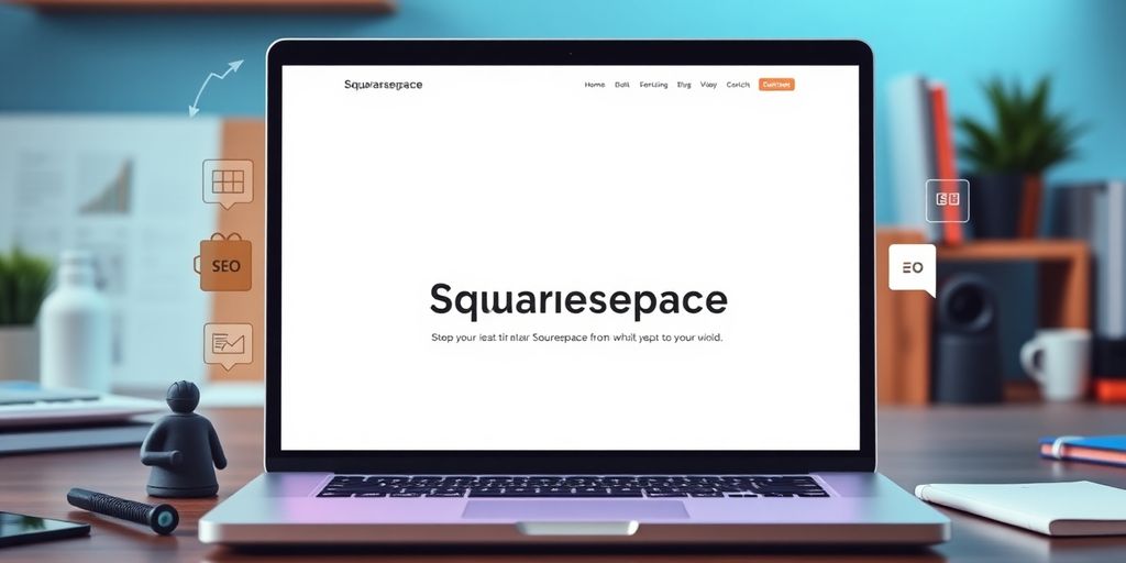 Modern Squarespace website interface on a laptop in workspace.