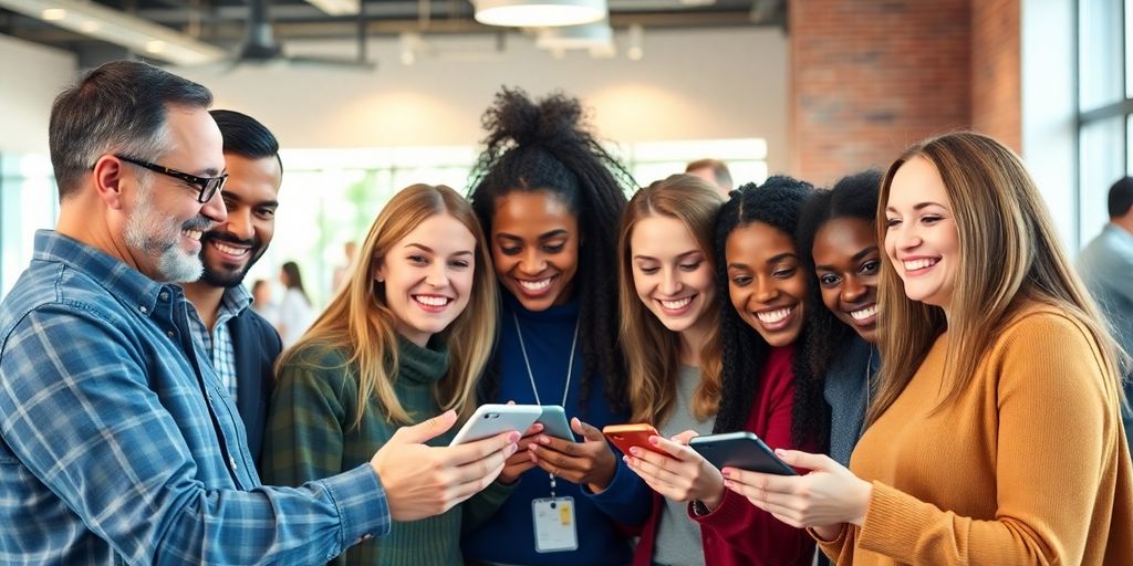 Diverse group enjoying social media interactions together.
