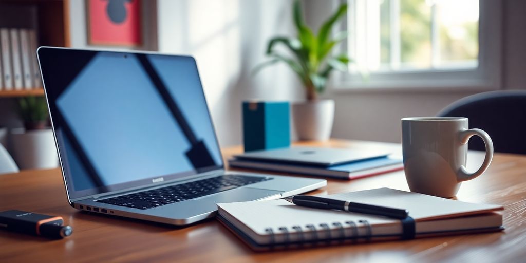 A laptop and notebook on a bright workspace.