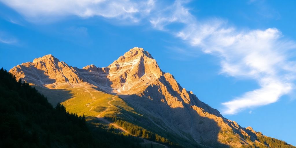 Mountain peak with a winding path leading upward.