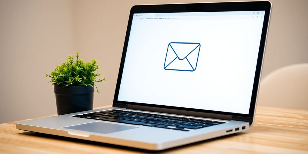 Open laptop, email icon, green plant, wooden desk.
