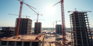 Construction site with sun, sky, and cranes.