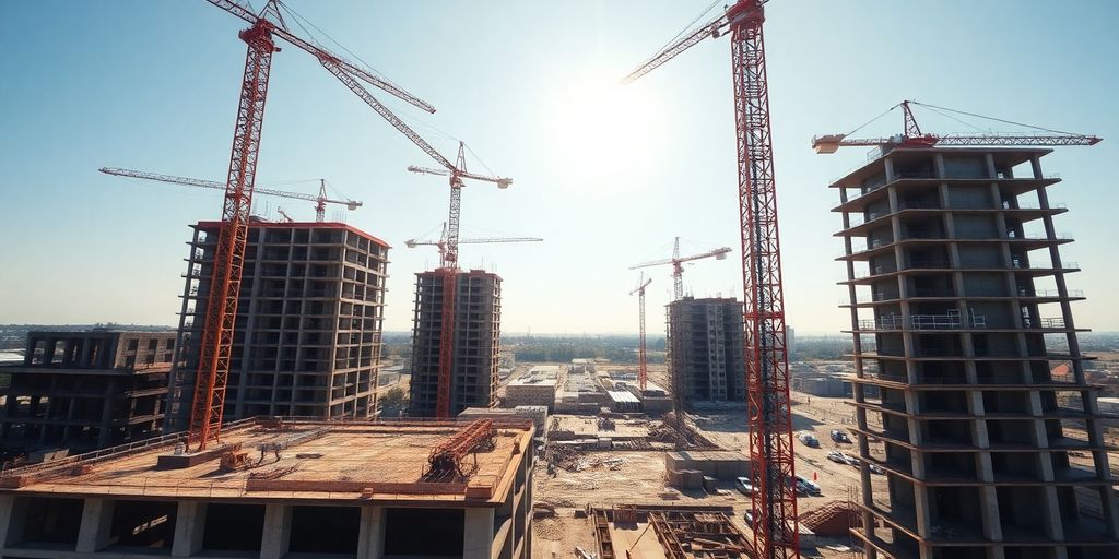 Construction site with sun, sky, and cranes.