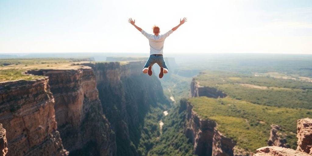 Person leaping over chasm