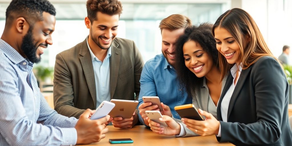 Diverse people networking with digital devices.
