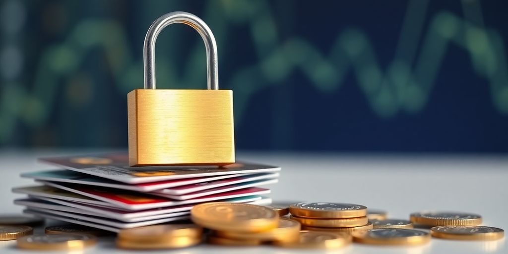 Digital padlock securing credit cards and coins.