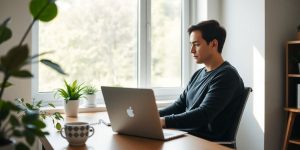 Person working on laptop at home.