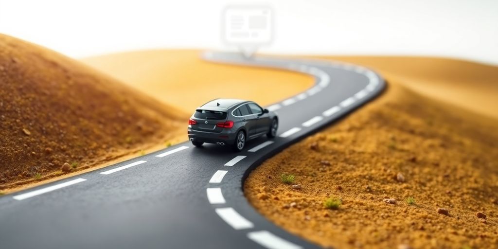 Car on a road leading to a website