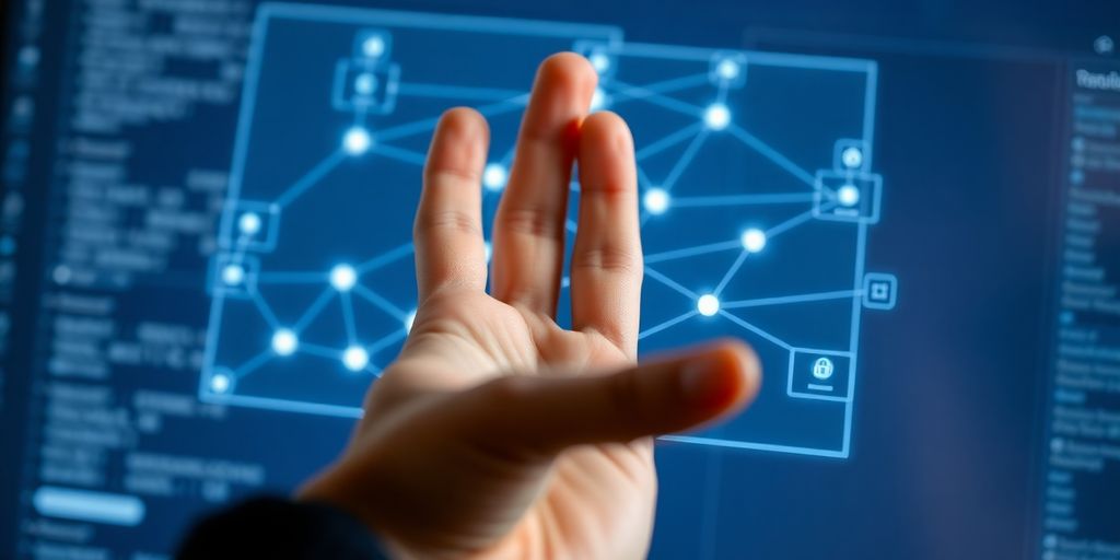 Person's hand navigating a glowing, interconnected web of paths.