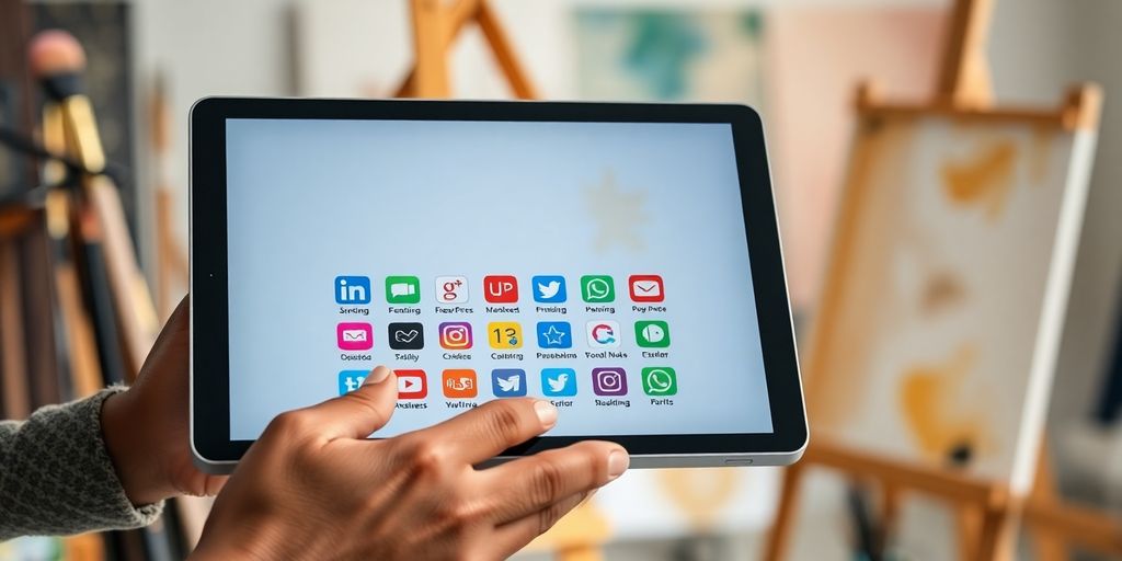 Artist using digital tablet with social media icons.