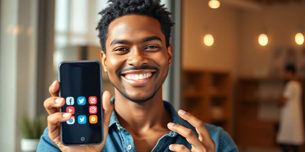 Small business owner smiling with phone.