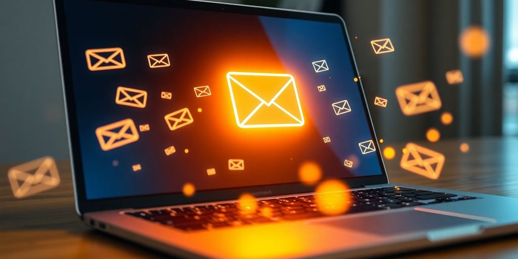 Laptop with colorful email icons floating around it.