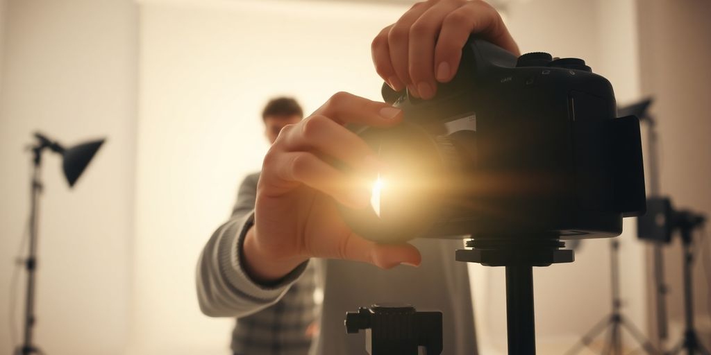 Photographer adjusting camera lens, natural light