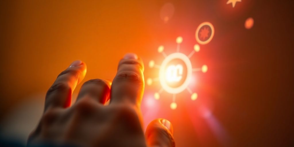 Person's hands interacting with a glowing website interface.
