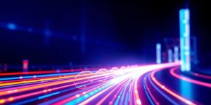 Digital traffic flowing towards a glowing website.