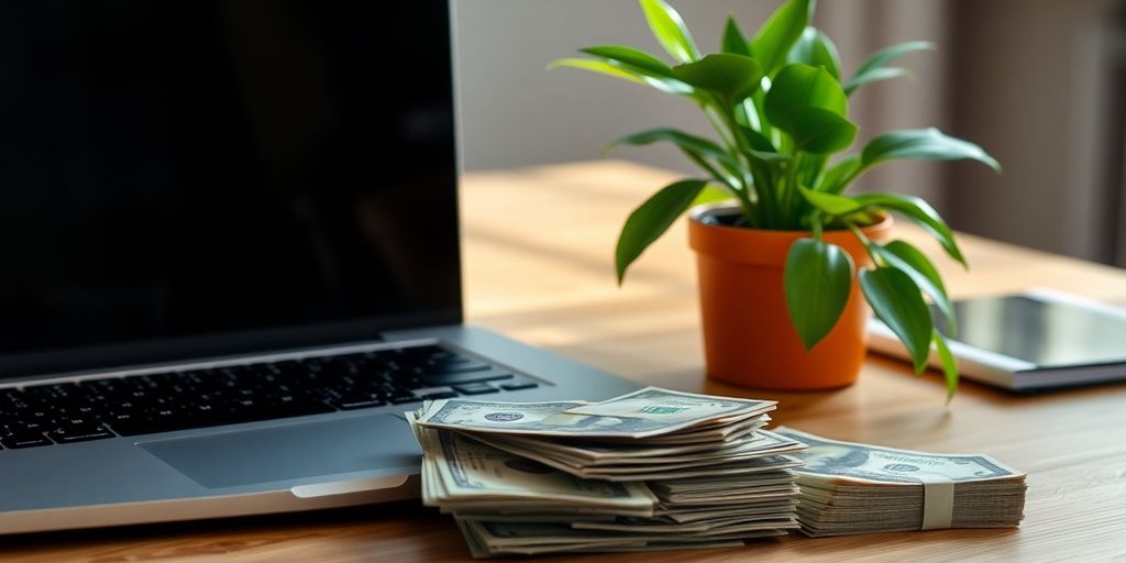 Laptop, money, and green plant.