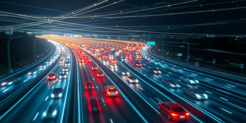 Digital highway with glowing data flowing rapidly.