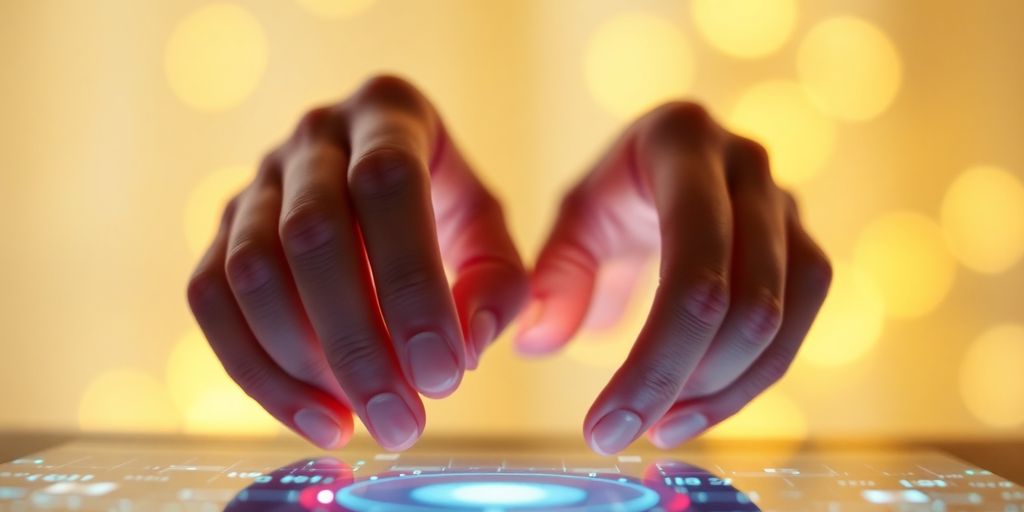 Person's hands on glowing digital interface