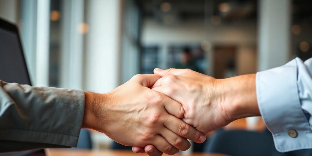 Two diverse people shaking hands virtually.