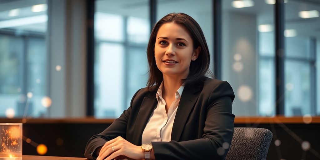 Person confidently interviewing, surrounded by glowing digital elements.